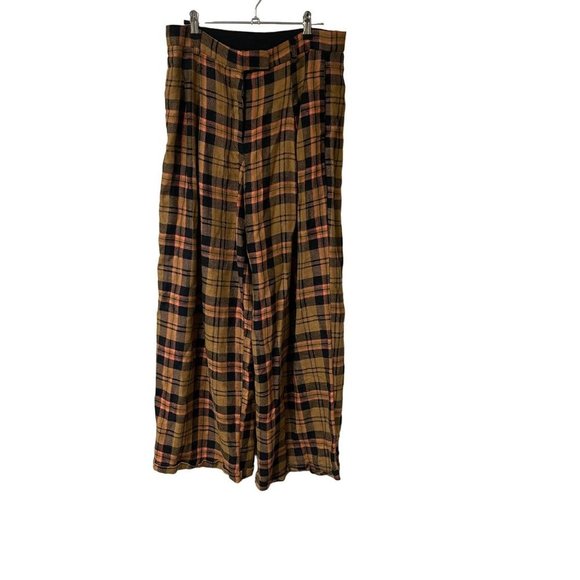 Free People Lyla Menswear Plaid Trouser Slouchy Wide Leg Olive Black Rose Size 4 - Picture 2 of 5